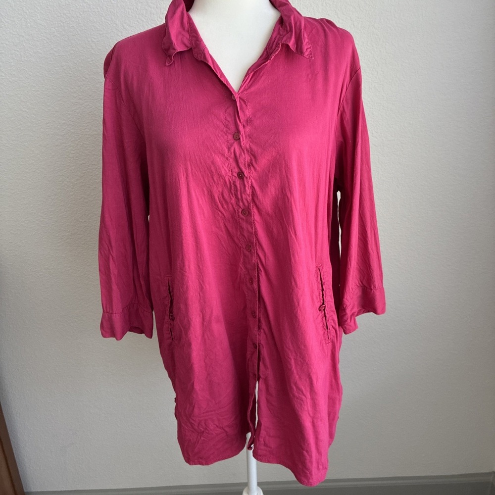 Eileen Fisher Linen Blend Button Up Collared Tunic Style Blouse Pink XL Capsule